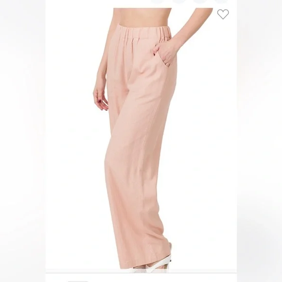 Plus & Regular Size Dusty Blush Linen Relaxed Fit Wide Leg Casual Pants - Picture 2 of 9